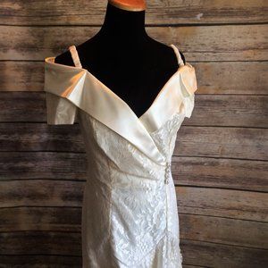 Romantic 80's Mermaid Tail Off Shoulder Lace and Satin Wedding Gown